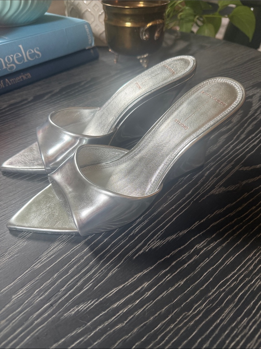 Black Sued Studio Metallic Silver Maeva Mules Wedge Sandals Pointy Toe Sz 38 - Picture 7 of 14